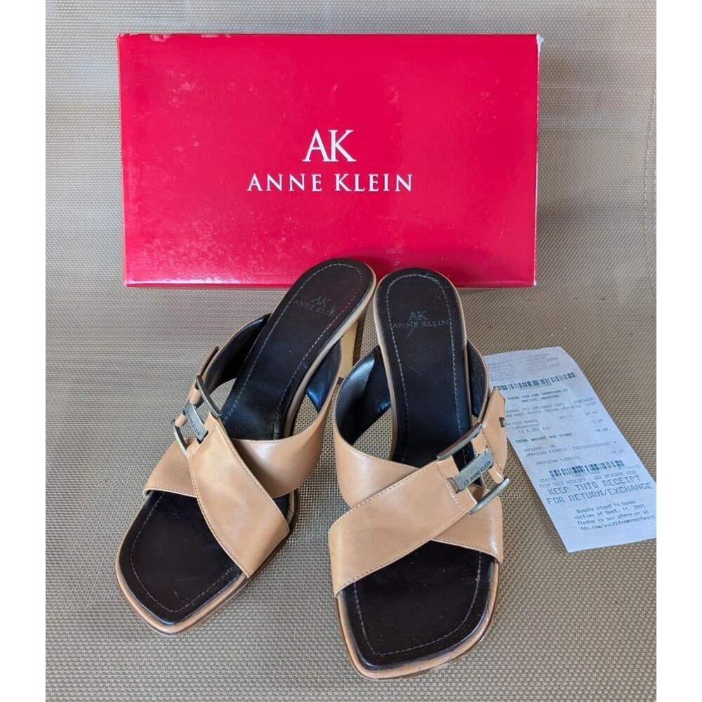 Y2K Anne Klein Priscilla Butterscotch Leather Sz 7.5 Sip On Vintage Heels Buckle